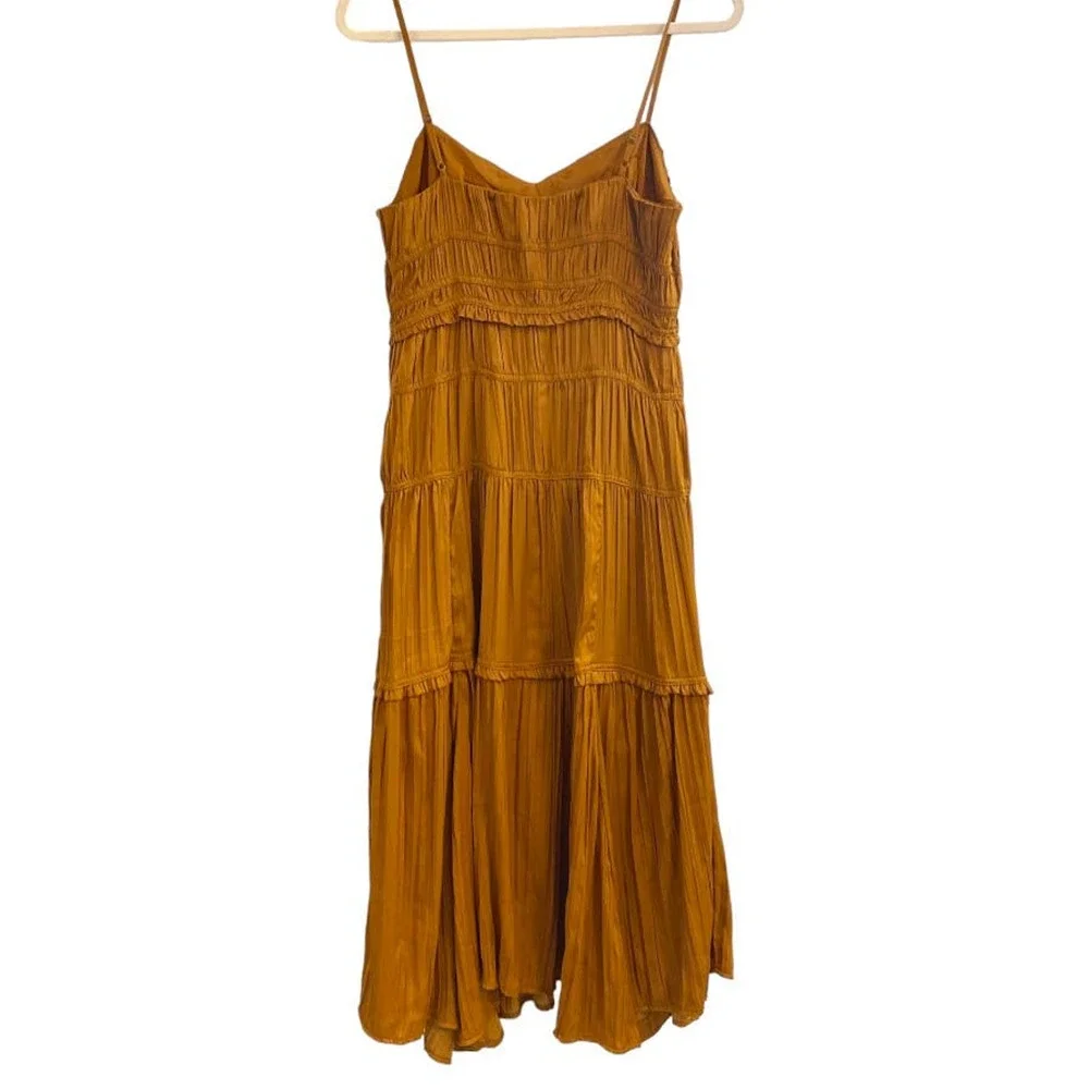 Anthropologie Women’s Sz 12 Ruched Tiered Midi Pleated Satin Slip Dress Gold NEW - Picture 9 of 12
